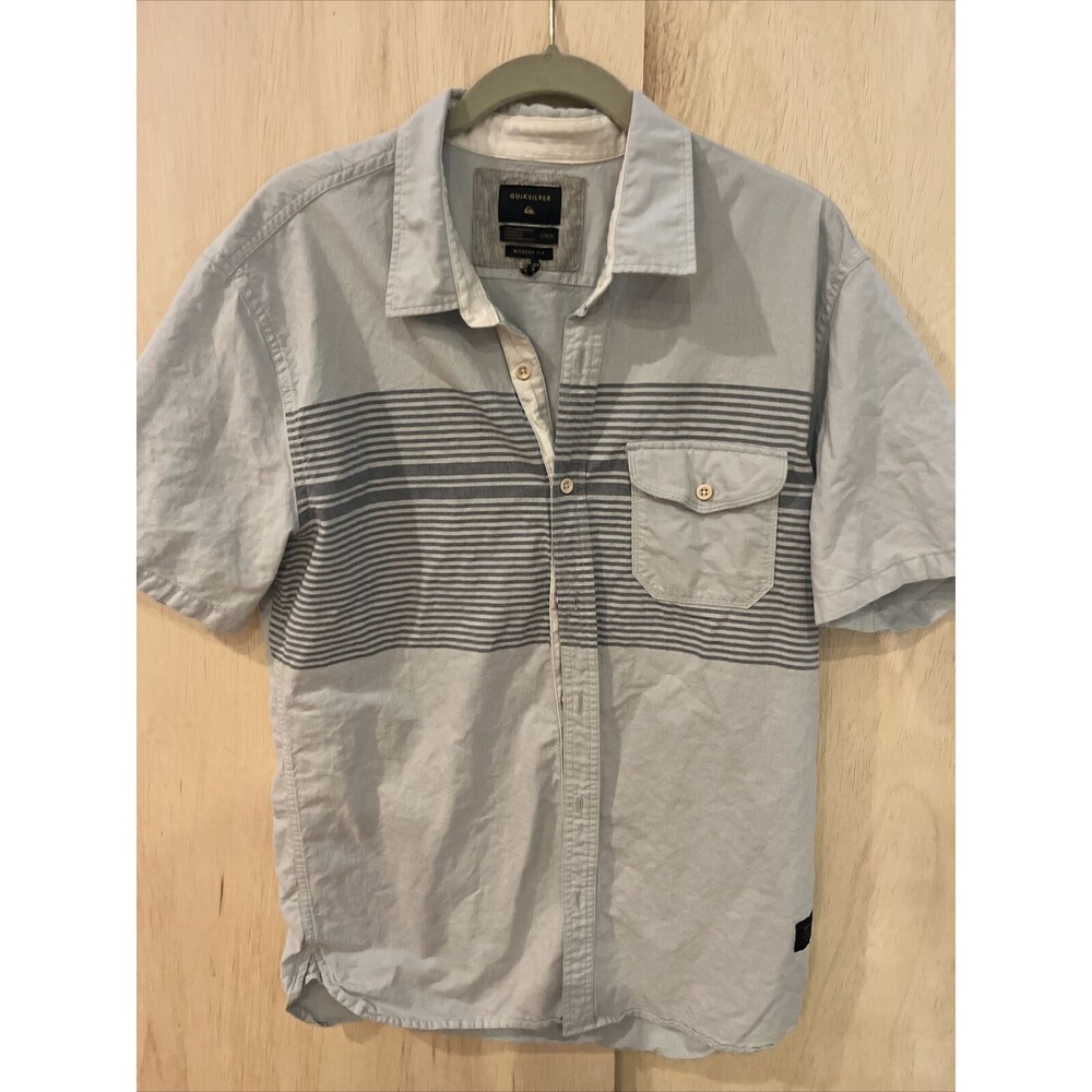 QUICKSILVER Mens Large Shirt Top Blue Striped Shirt Short Sleeve Button Down